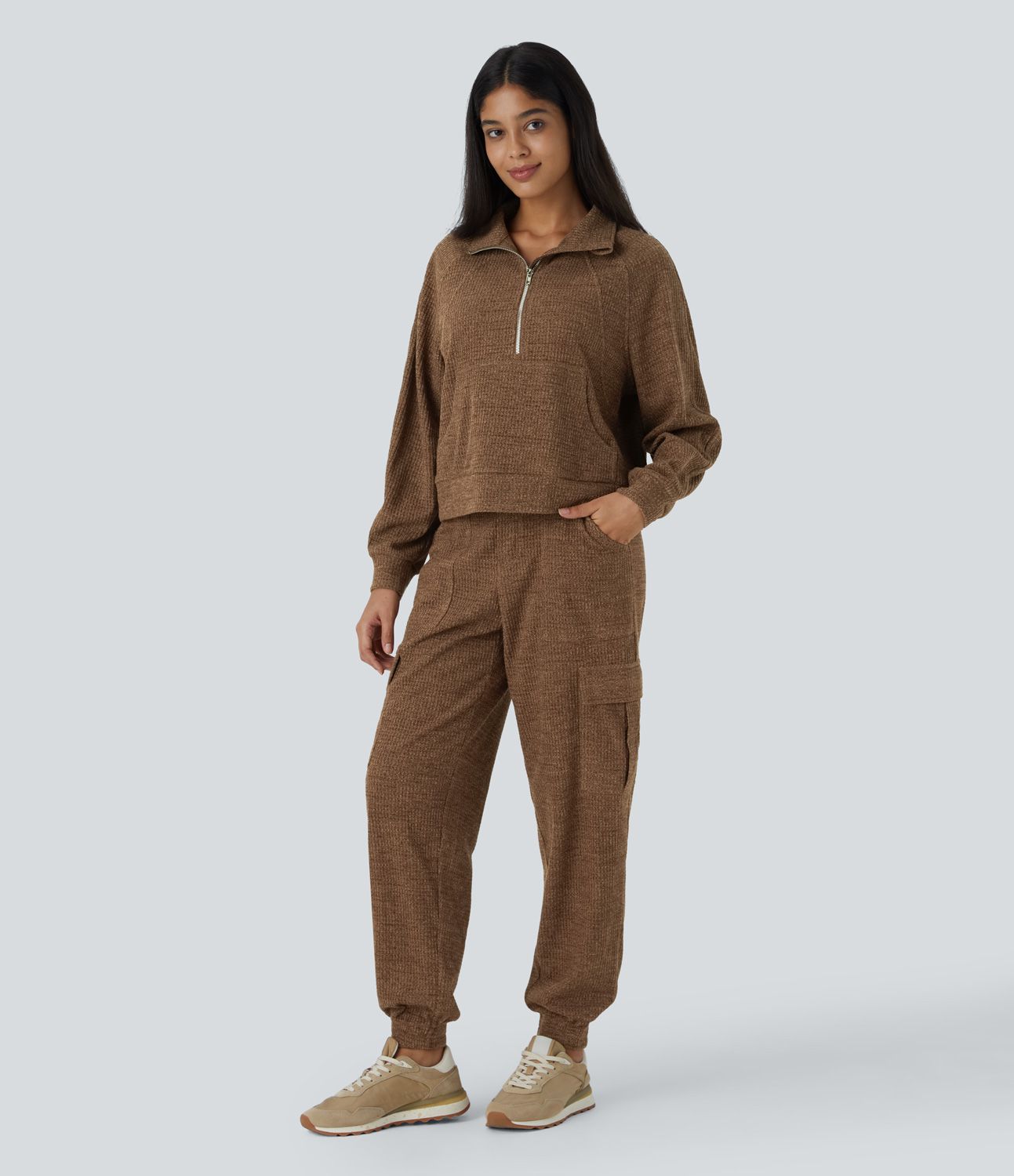 High Waisted Decorative Pockets Knit Waffle Casual Cargo Joggers