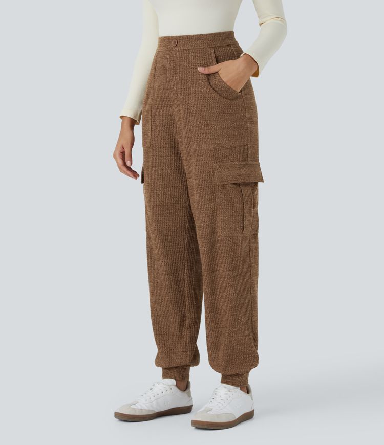 Joggers cargo tiro alto botón decorativo múltiple bolsillo gofre