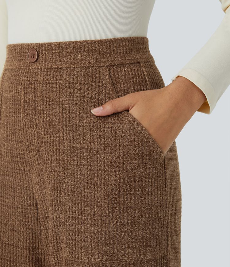 Joggers cargo tiro alto botón decorativo múltiple bolsillo gofre