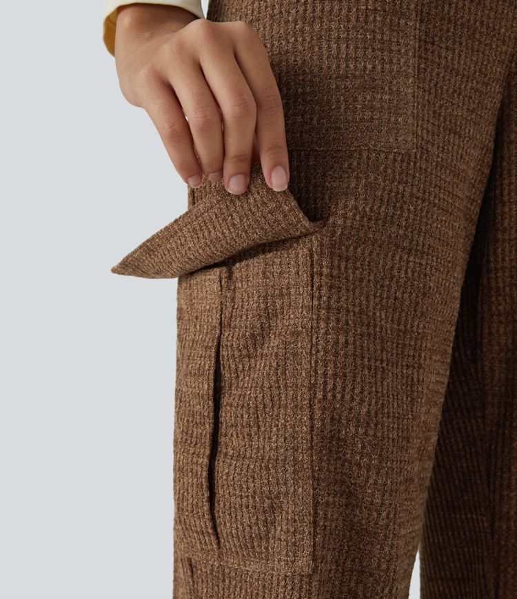 Joggers cargo tiro alto botón decorativo múltiple bolsillo gofre