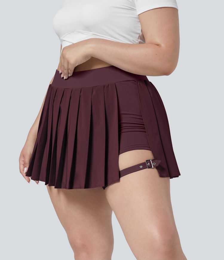 Breezeful™ High Waisted Pleated 2-in-1 Side Pocket Adjustable Buckle Quick Dry Micro Mini Casual Plus Size Skirt