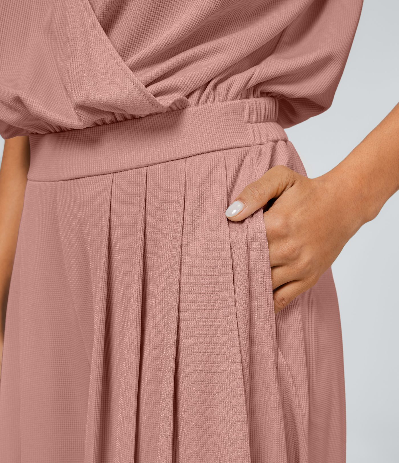 Combinaison Casual Col en V Jambes Large Plissée Manches Courtes Poche Latérale Gaufrée Fluide