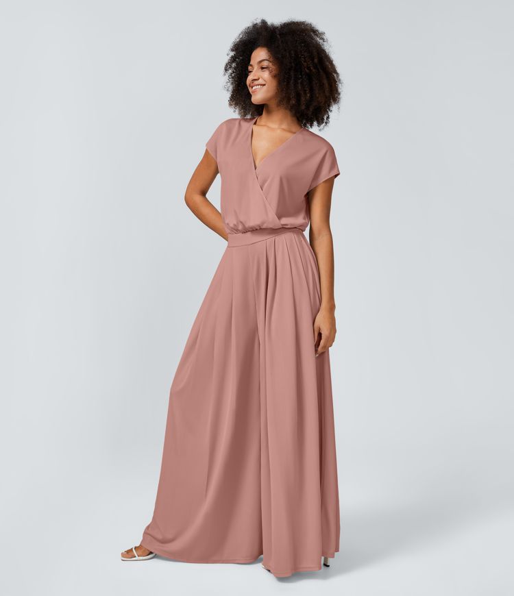 Combinaison Casual Col en V Jambes Large Plissée Manches Courtes Poche Latérale Gaufrée Fluide