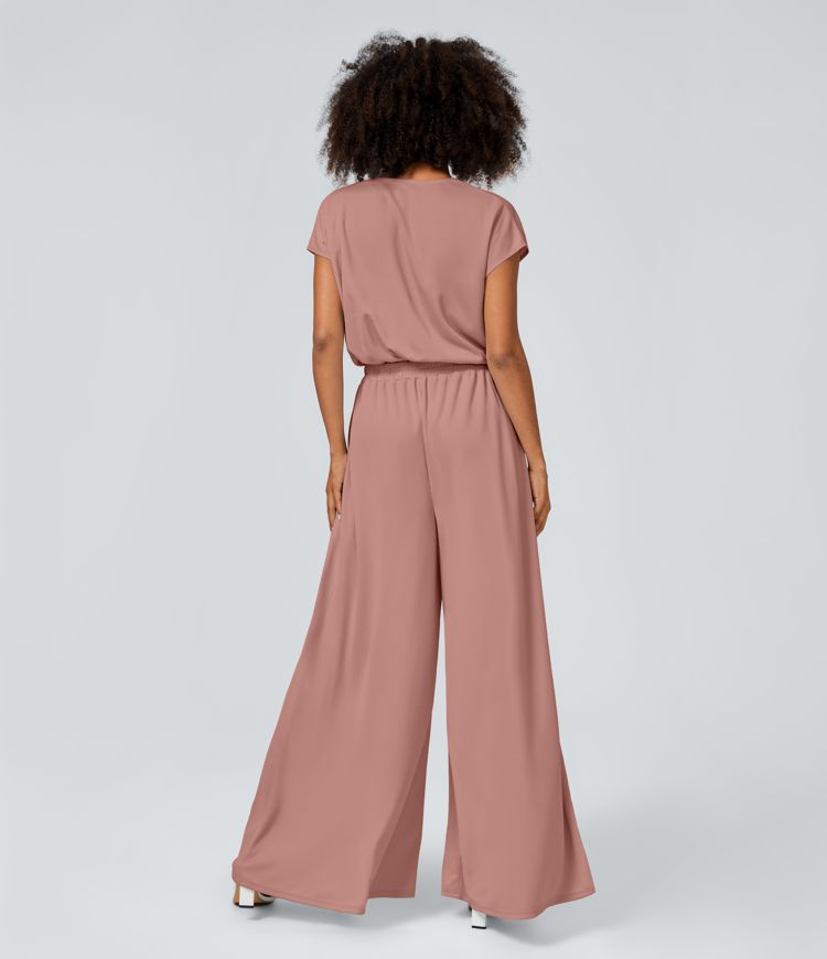 Combinaison Casual Col en V Jambes Large Plissée Manches Courtes Poche Latérale Gaufrée Fluide