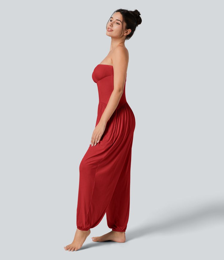 Ribbed Tube Backless Side Pocket Casual Jumpsuit