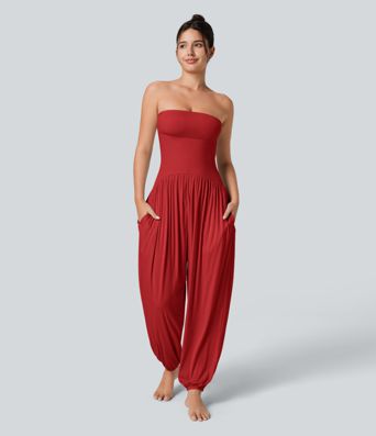 Ribbed Tube Backless Side Pocket Casual Jumpsuit