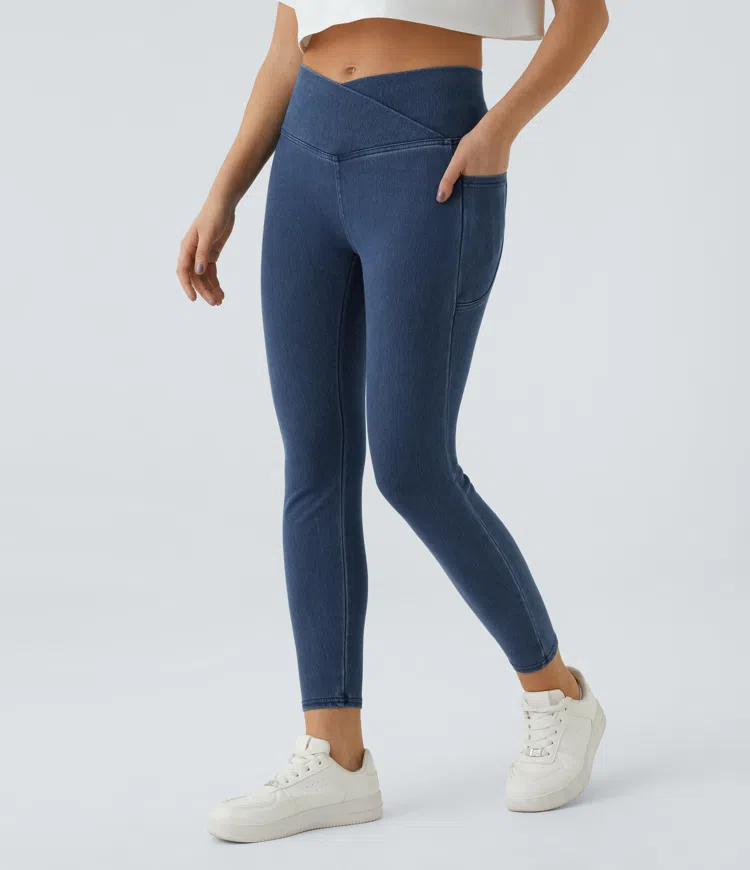 HalaraMagic™ Crossover Side Pocket Washed Stretchy Knit Denim Work Leggings