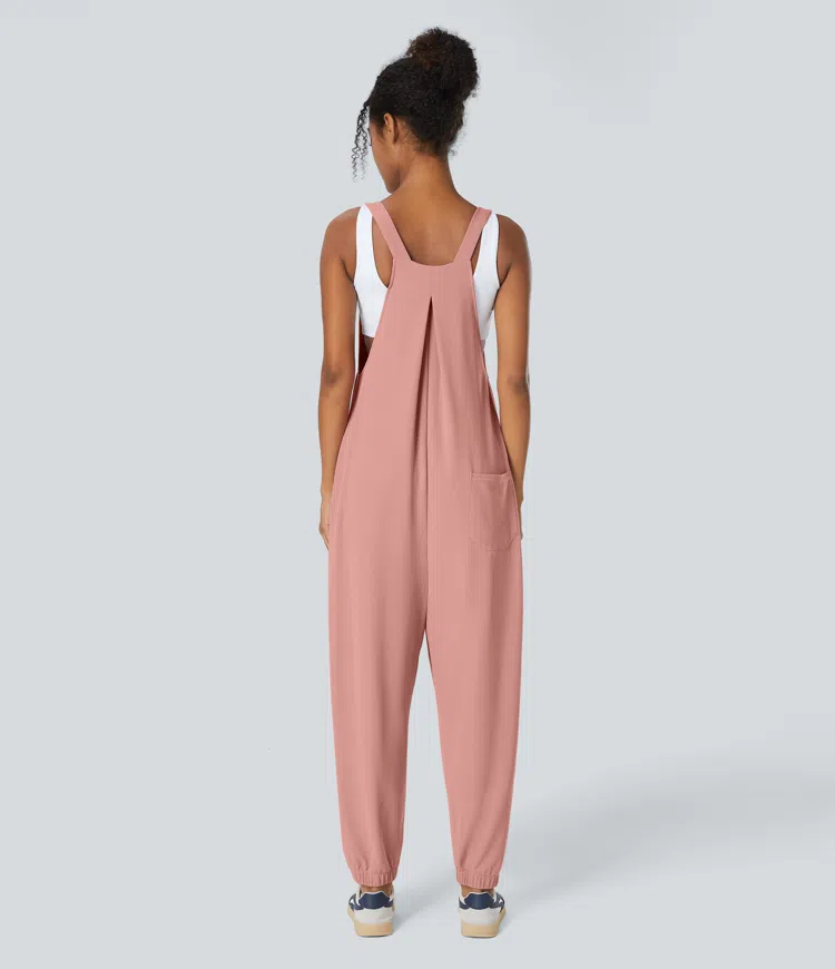 Damen Jogger Jumpsuit mit verstellbarem Gurtel und Knopfen mehreren Taschen und Waffelmuster Halara