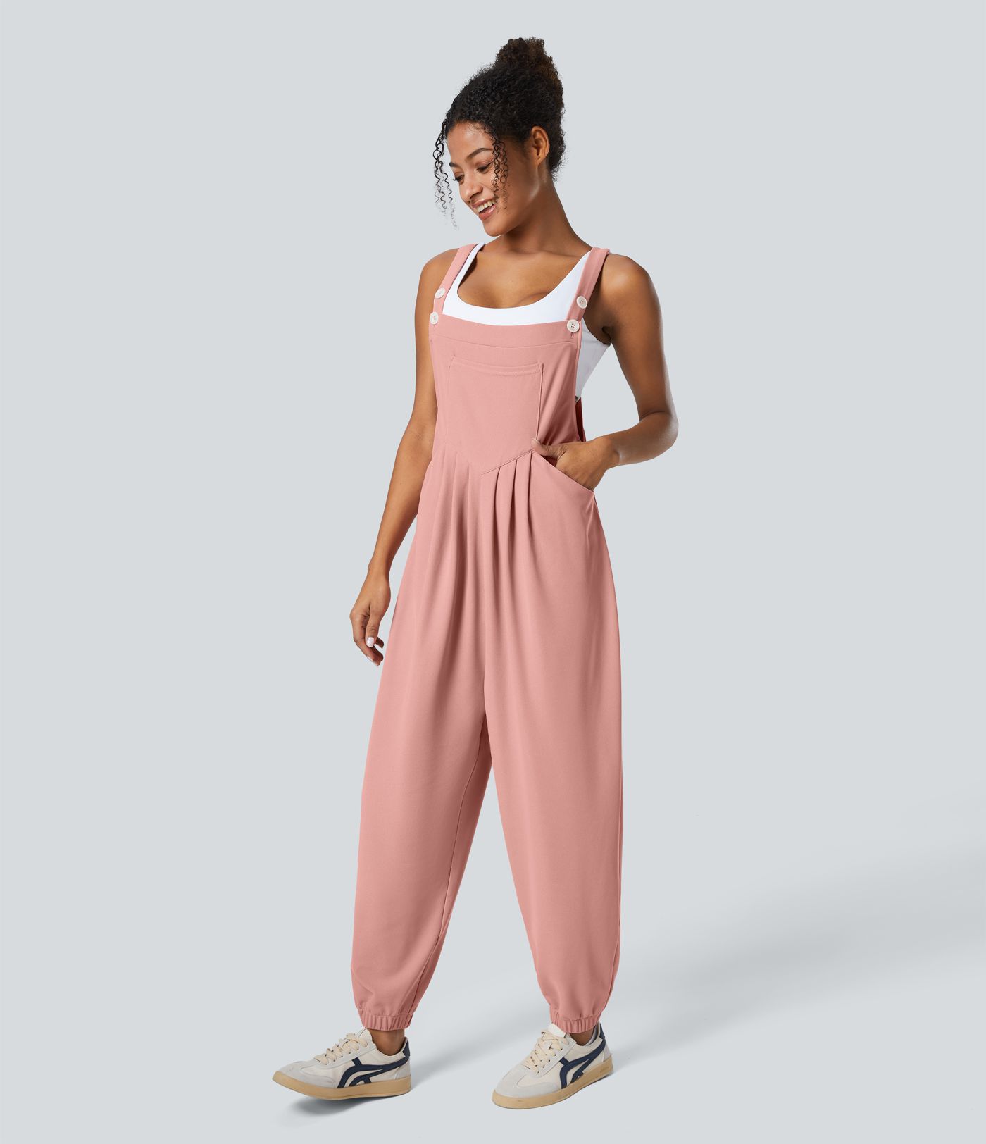 Peto jogger botón correa ajustable bolsillo múltiple gofre plisado