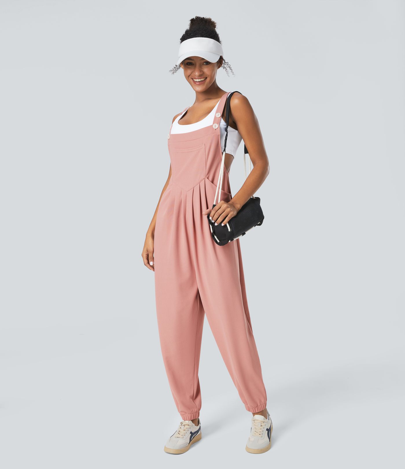 Peto jogger botón correa ajustable bolsillo múltiple gofre plisado