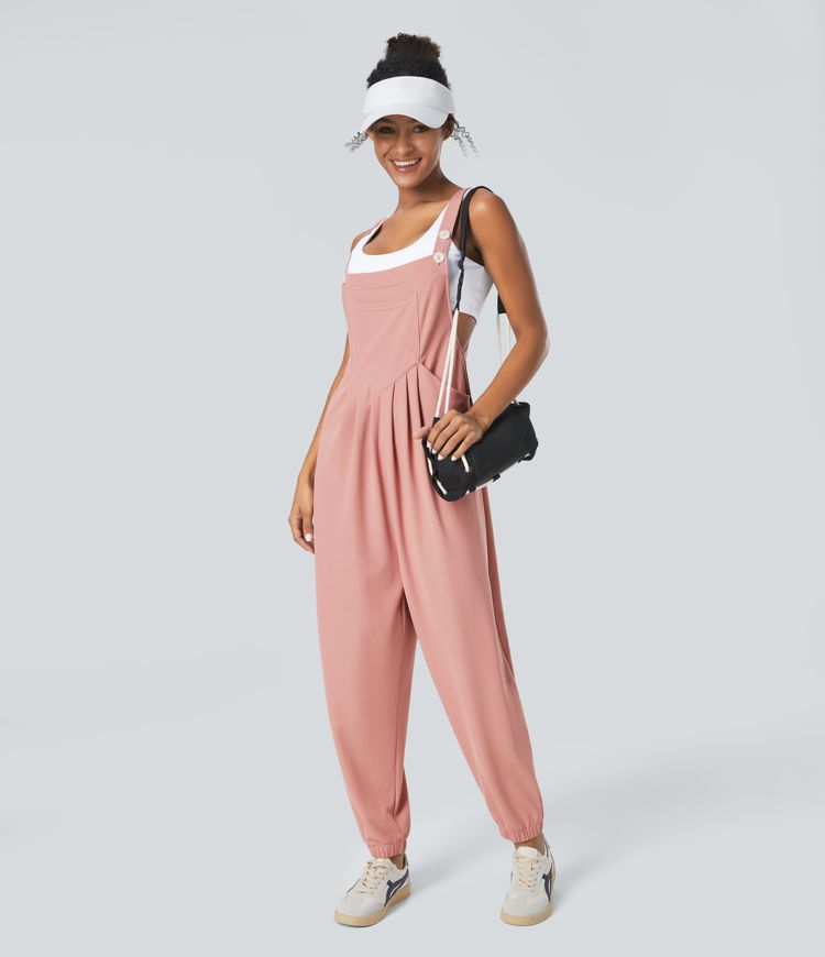 Adjustable straps Button fastening Multi-pocket Pleated Waffle Casual Jogger Overalls