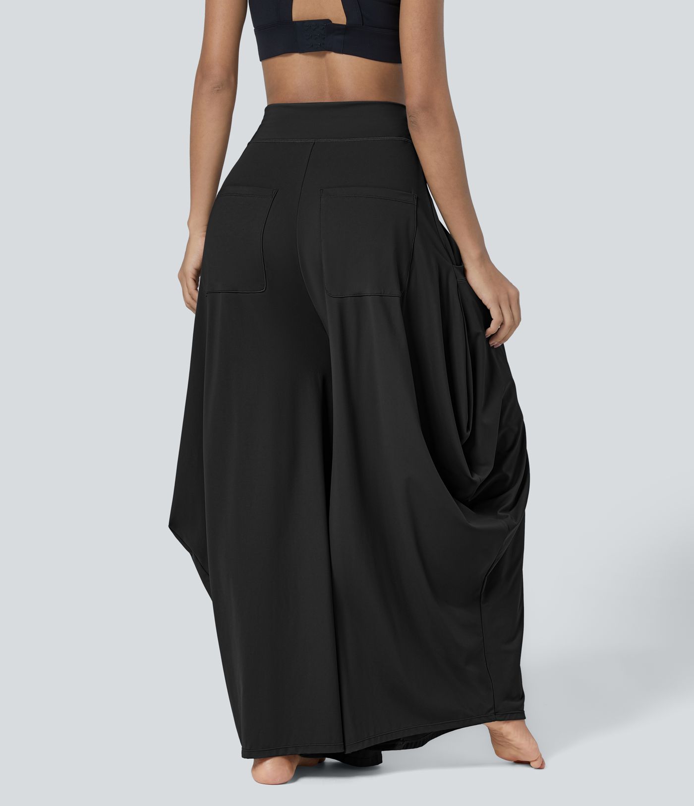 Mid Rise Pockets Draped Wide Leg Casual Pants