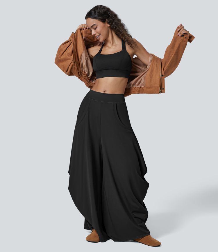 Mid Rise Multiple Pockets Draped Wide Leg Casual Trousers