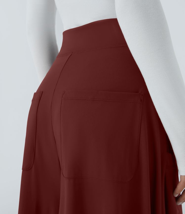 Mid Rise Pockets Draped Wide Leg Casual Pants