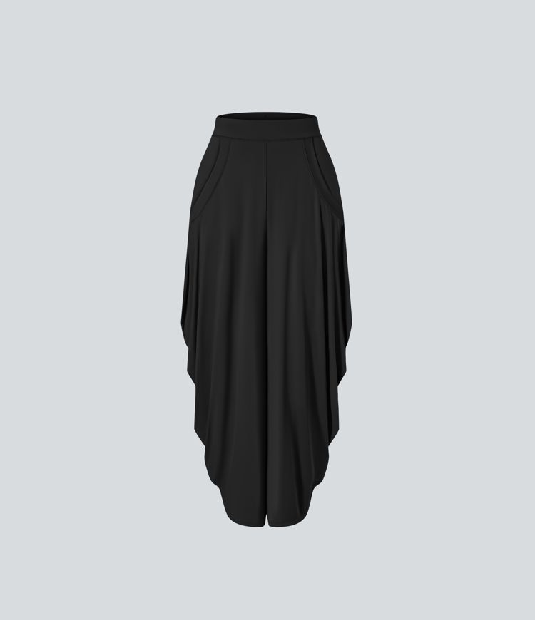 Mid Rise Multiple Pockets Draped Wide Leg Casual Trousers