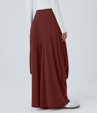 Mid Rise Pockets Draped Wide Leg Casual Pants