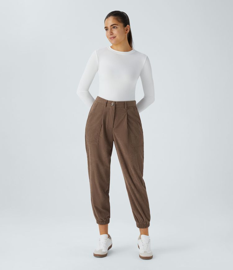 Pantalon Jogging décontracté en velours côtelé avec taille mi-haute, boutons et fermeture éclair 
