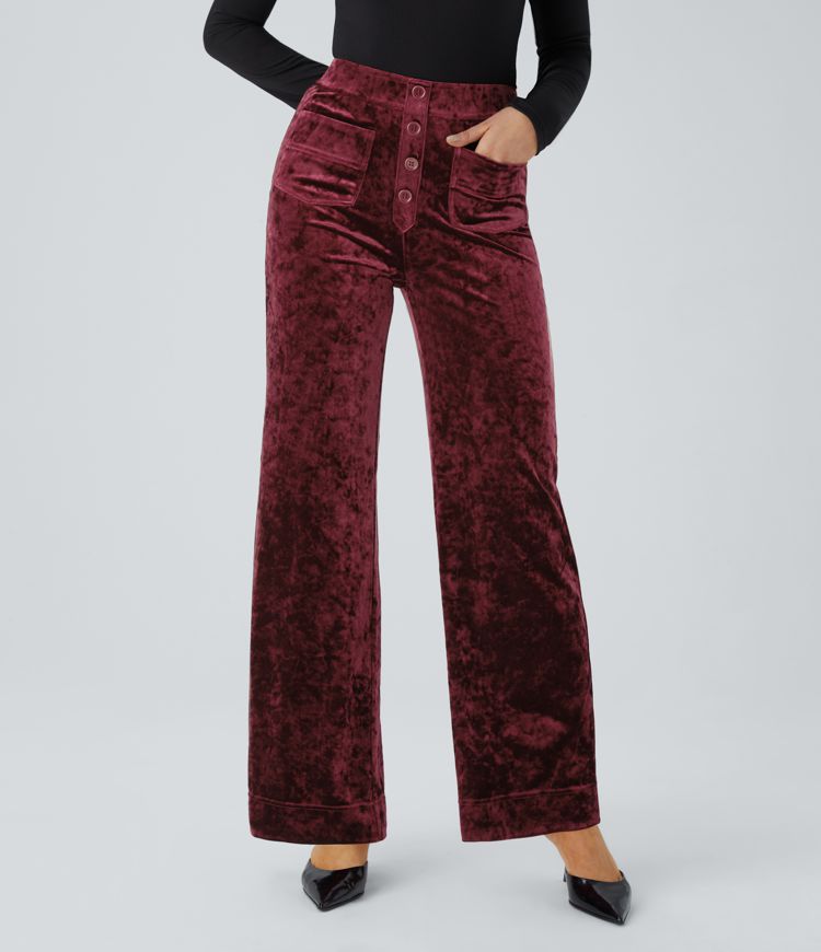 High Waisted Button Multiple Pockets Straight Leg Velvet Casual Pants