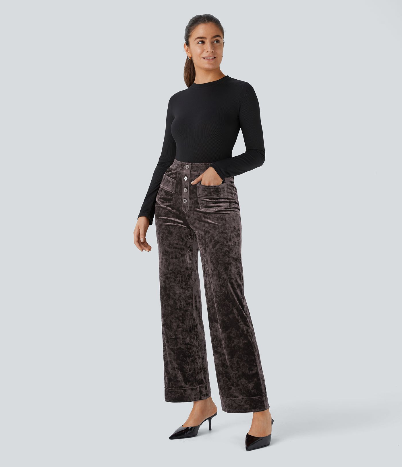Pantalon en velours taille haute, coupe droite, avec poches et style décontracté
