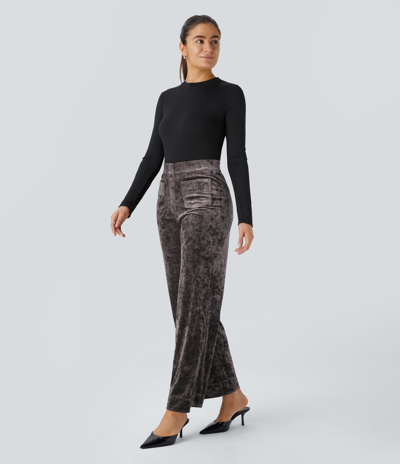 Pantalon en velours taille haute, coupe droite, avec poches et style décontracté