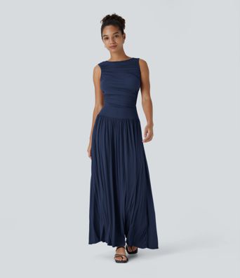 Ribbed Boat Neck Asymmetric Strap Ruched Pocket Flowy Maxi Casual Dress
