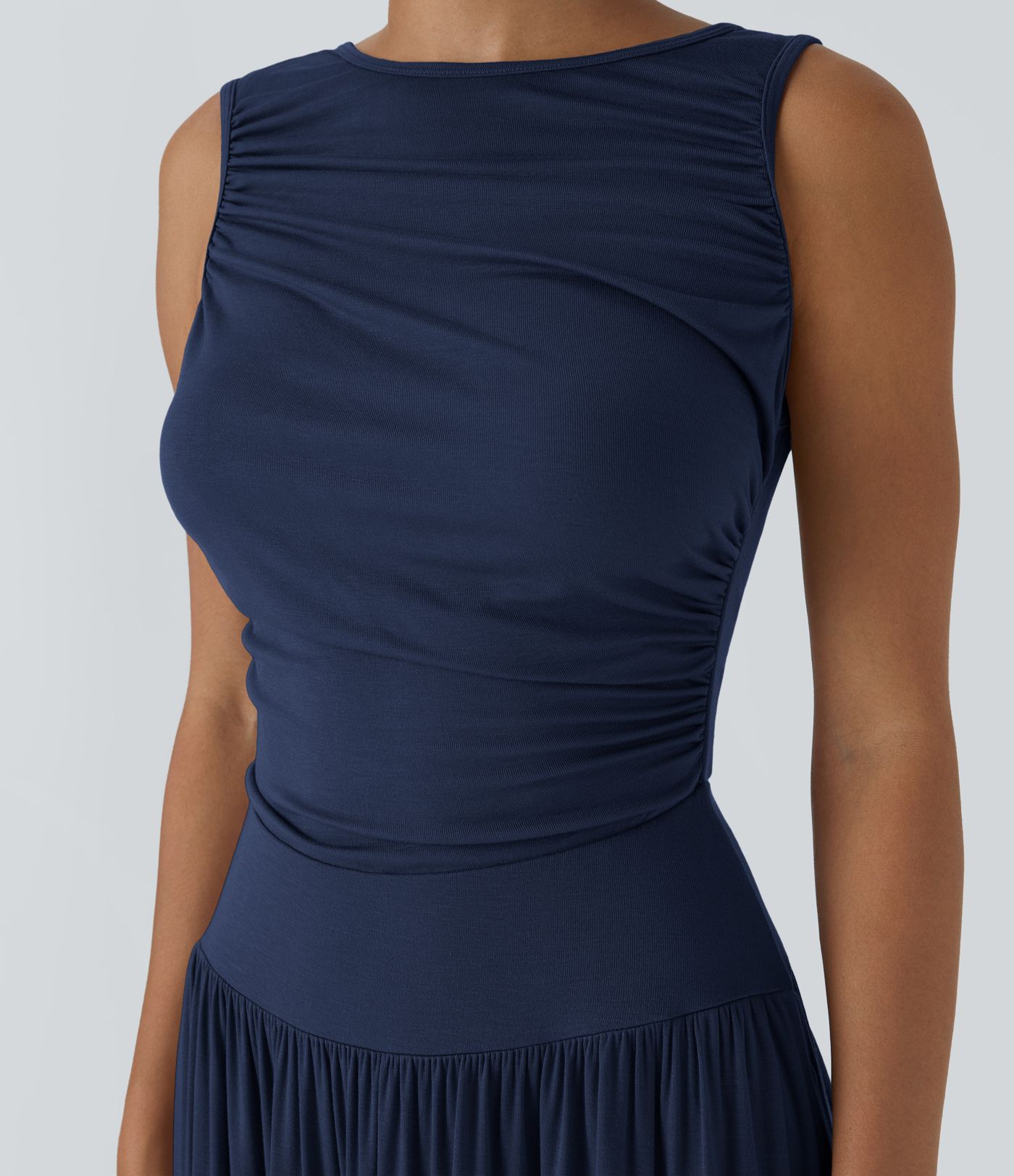 Ribbed Boat Neck Asymmetric Strap Ruched Pocket Flowy Maxi Casual Dress