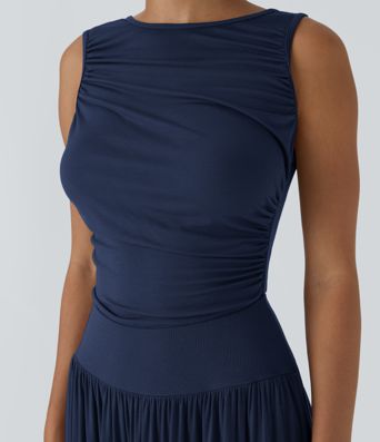 Ribbed Boat Neck Asymmetric Strap Ruched Pocket Flowy Maxi Casual Dress