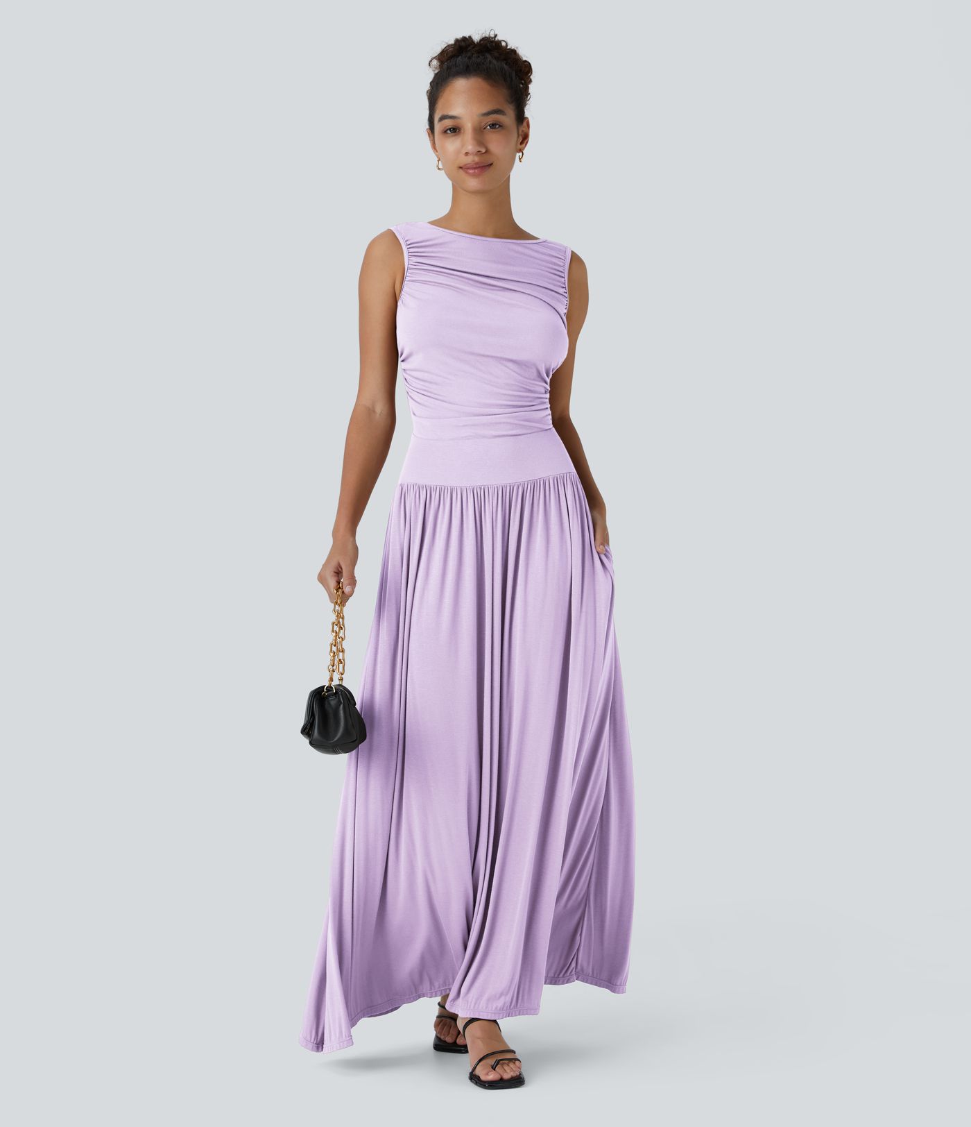 Robe Longue décontractée Asymétrique à Col Bateau Côtelé avec Fronces et Poche