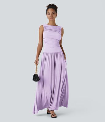 Robe Longue décontractée Asymétrique à Col Bateau Côtelé avec Fronces et Poche