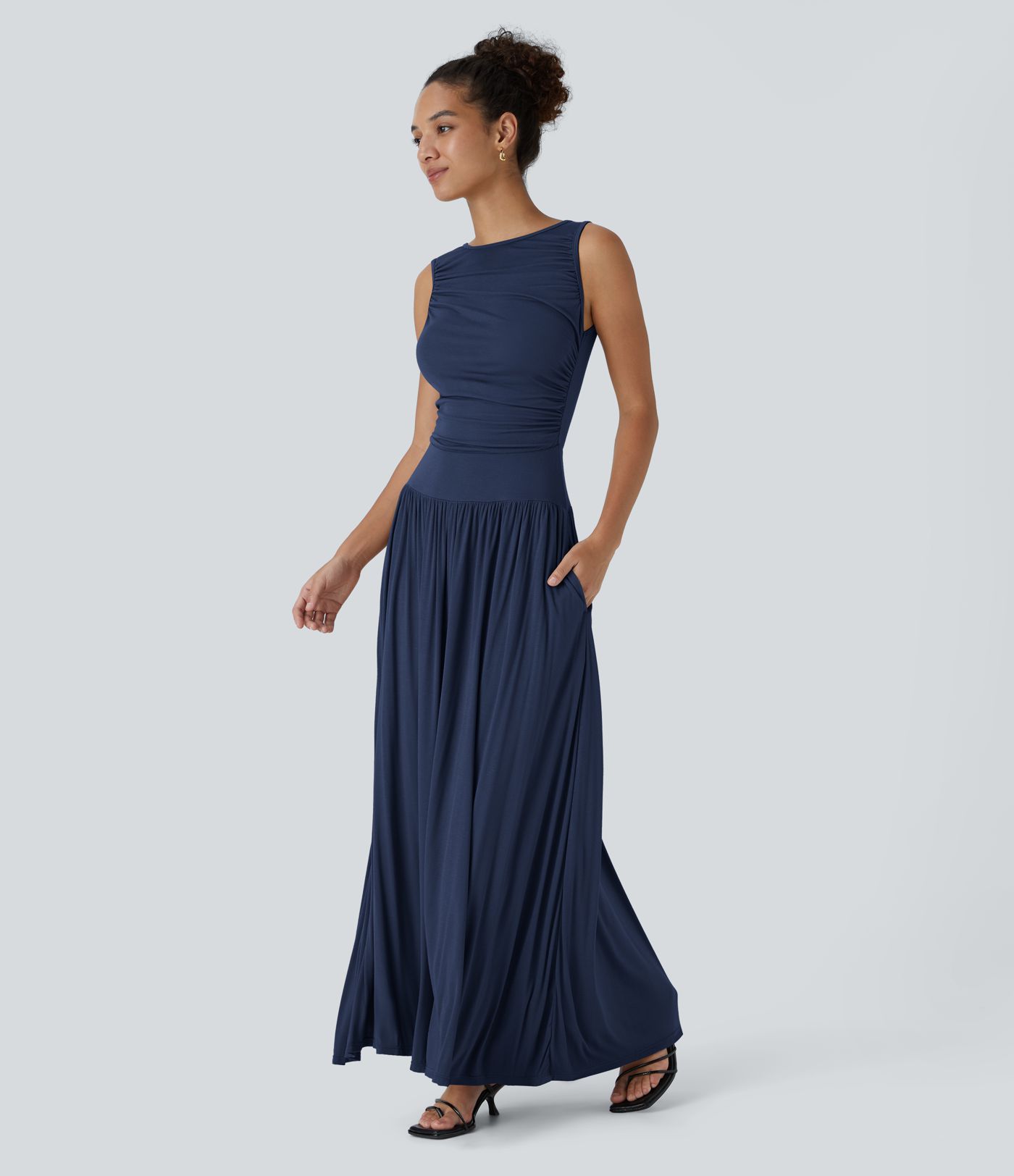 Ribbed Boat Neck Asymmetric Strap Ruched Pocket Flowy Maxi Casual Dress