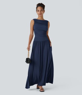 Ribbed Boat Neck Asymmetric Strap Ruched Pocket Flowy Maxi Casual Dress