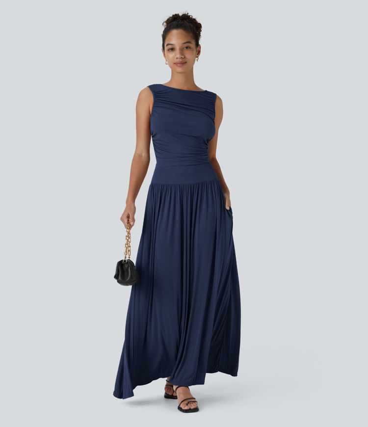 Ribbed Boat Neck Asymmetric Strap Ruched Pocket Flowy Maxi Casual Dress