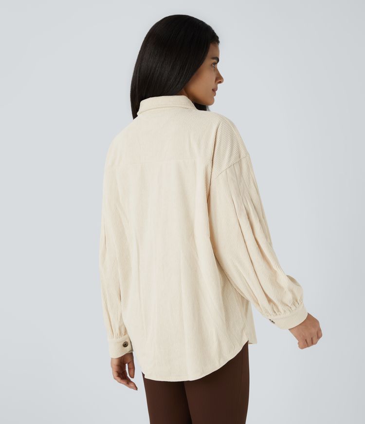 Collared Button Pocket Long sleeve Curved Hem Corduroy Casual Jacket