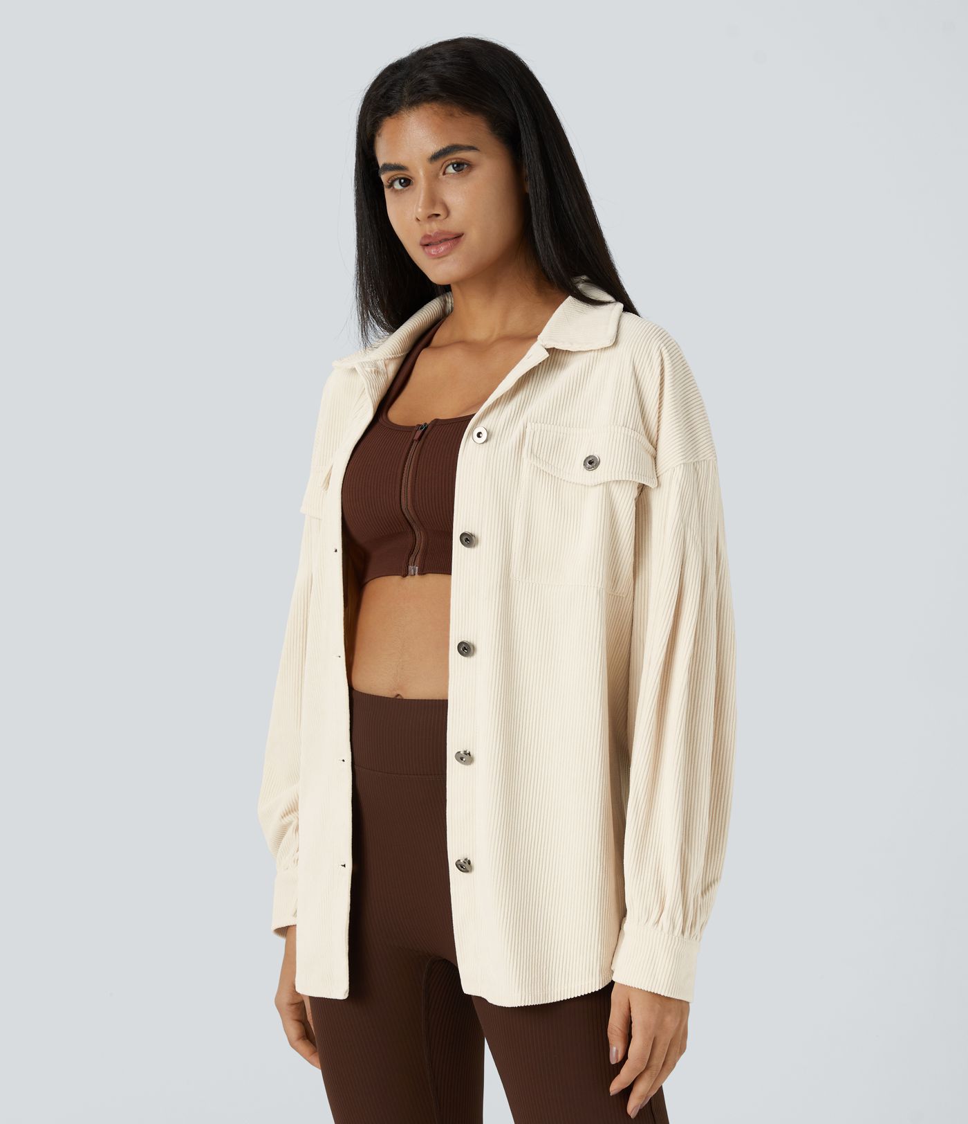 Halara button pocket long sleeve curved hem corduroy casual jacket