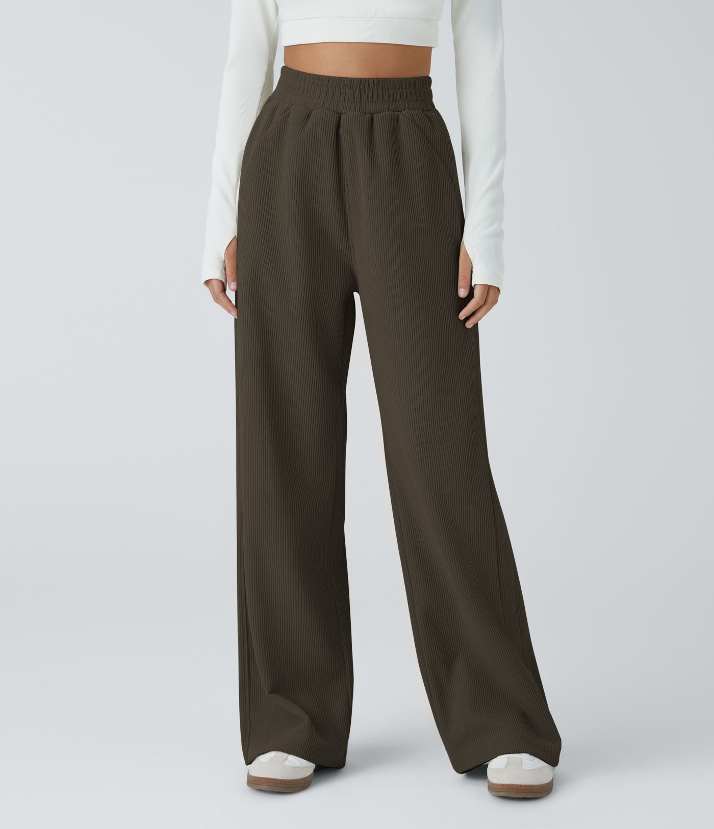 High Waisted Pocket Straight Leg Mop Corduroy Women Smart Casual Pants