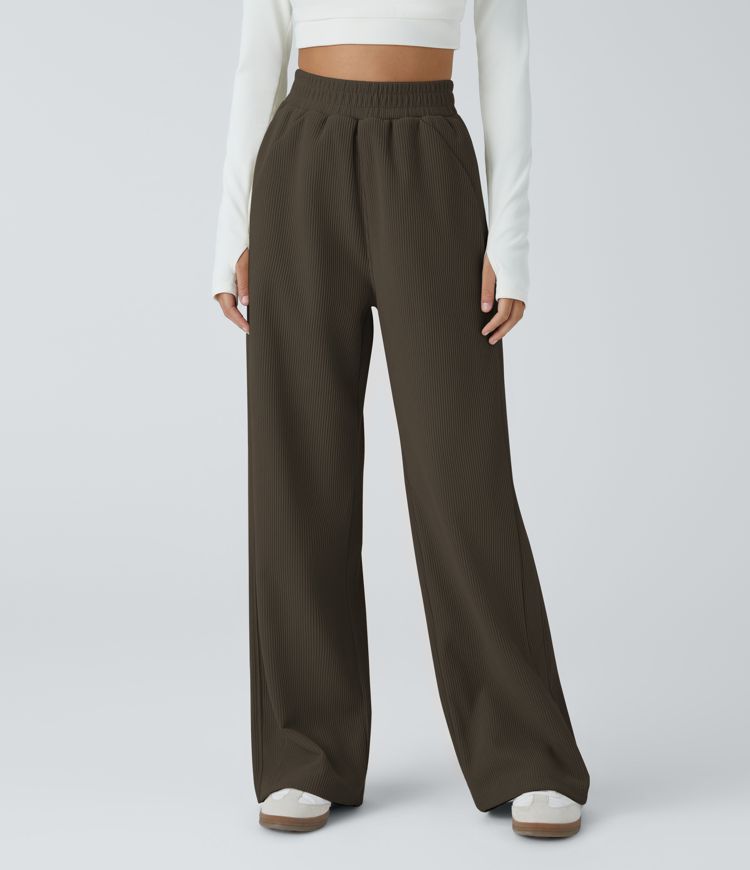 High Waisted Pocket Straight Leg Mop Corduroy Casual Pants