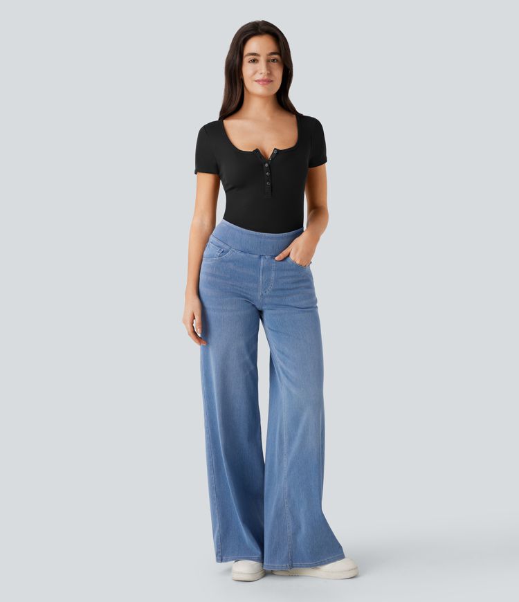 Haut décontracté côtelé près du corps à col tunisien et manches courtes