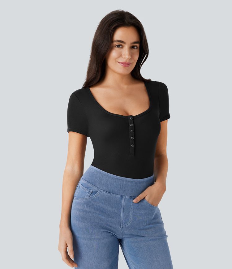 Ribbed Henley Neck Short Sleeve Slim Casual Top