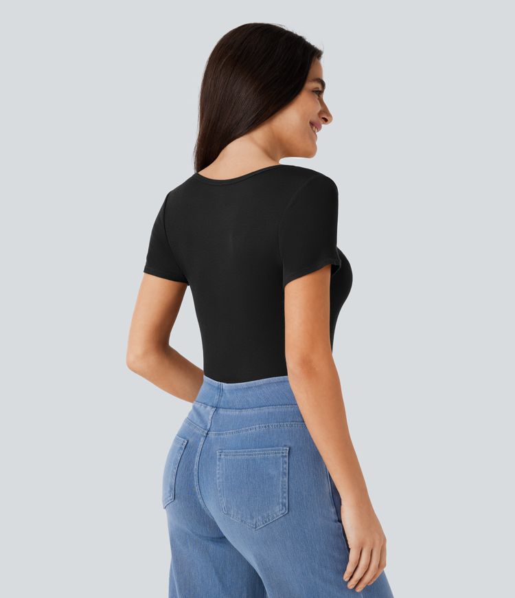 Ribbed Henley Neck Short Sleeve Slim Casual Top