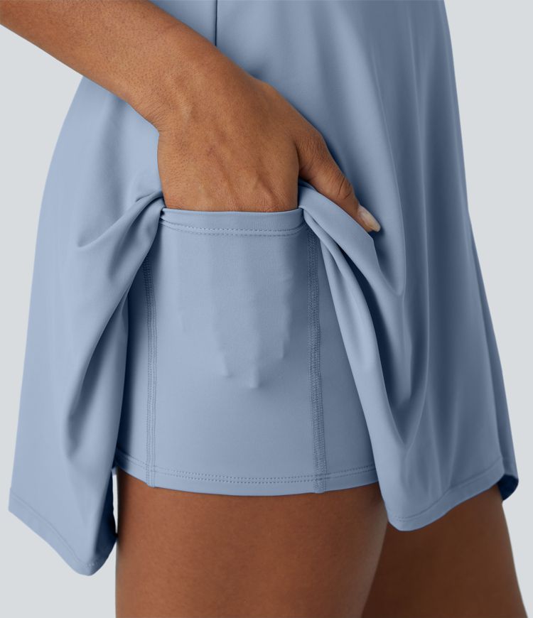 V Neck Backless 2-in-1 Side Pocket Flowy Mini Tennis Active Dress