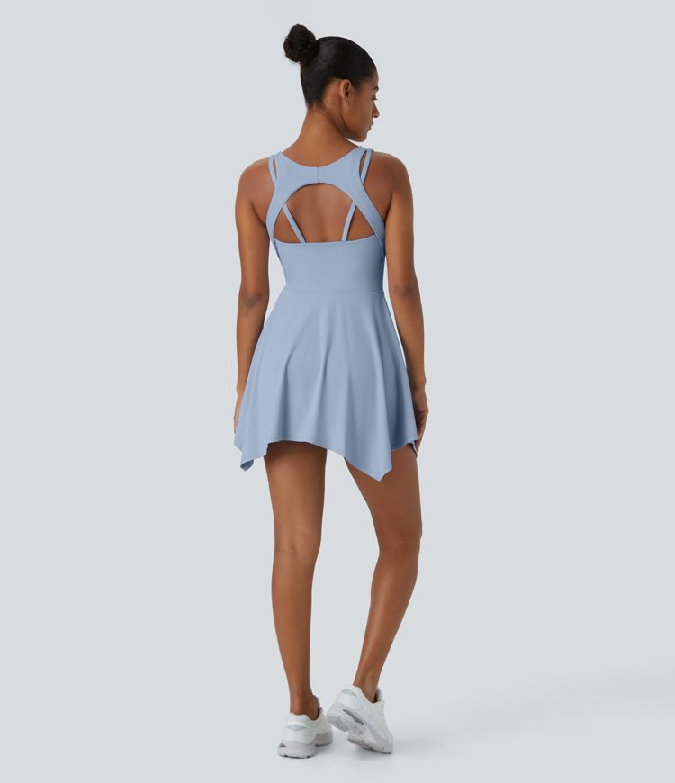 V Neck Backless 2-in-1 Side Pocket Flowy Mini Tennis Active Dress