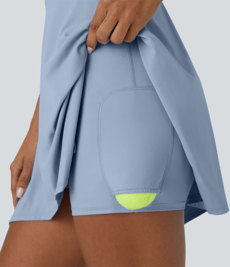V Neck Backless 2-in-1 Side Pocket Flowy Mini Tennis Active Dress