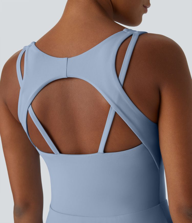 V Neck Backless 2-in-1 Side Pocket Flowy Mini Tennis Active Dress