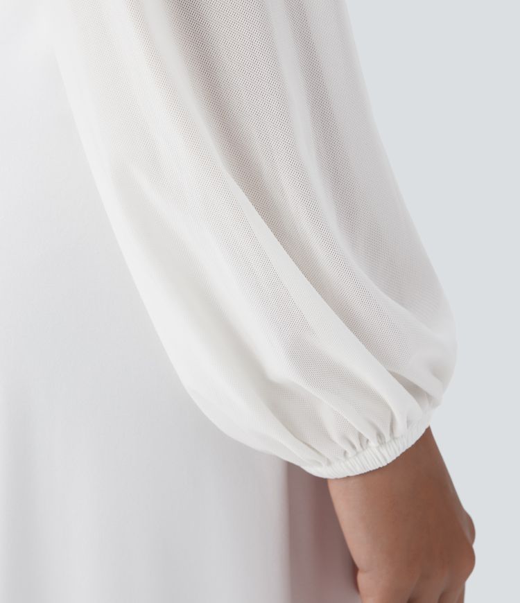 Fine V-neck contrasted mesh sleeve twist ruche wide party look jumpsuit