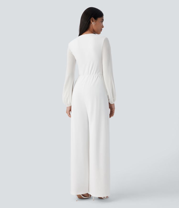 Fine V-neck contrasted mesh sleeve twist ruche wide party look jumpsuit