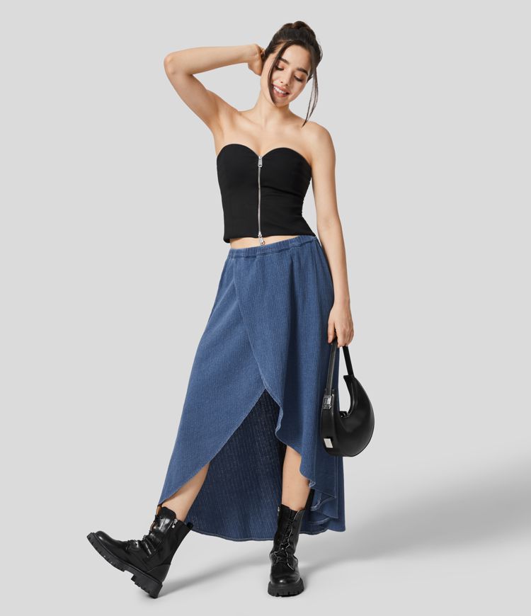 Falda Halara Flex™ Denim mezclilla elástico lavada fluida midi alta baja tiro medio