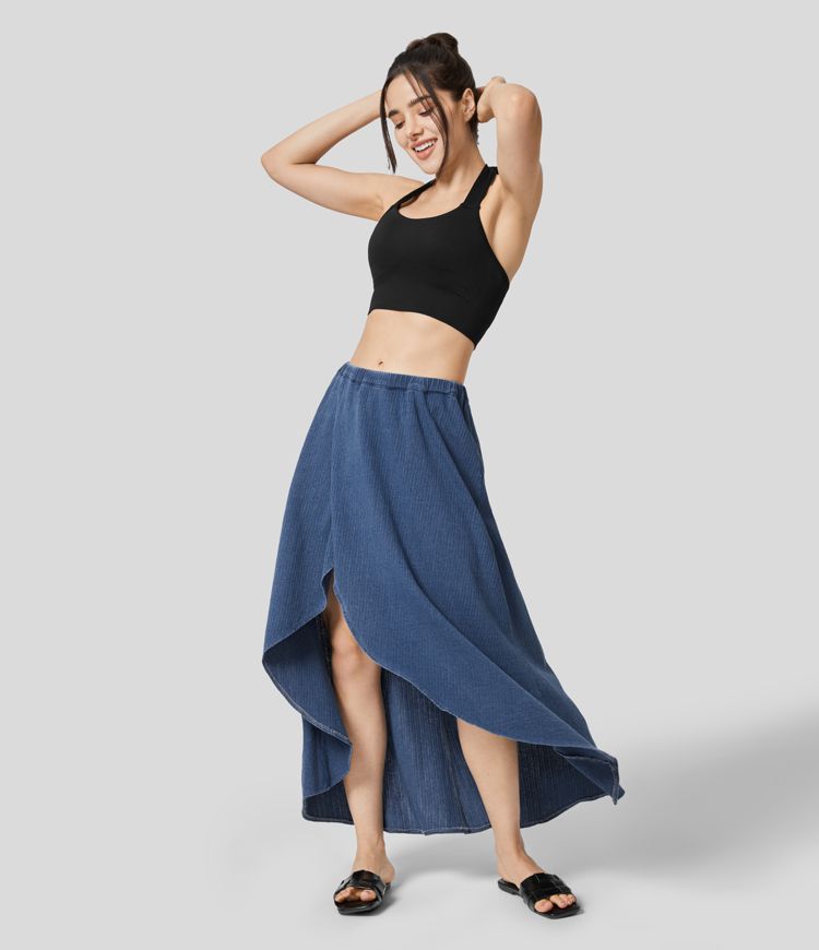 Falda Halara Flex™ Denim mezclilla elástico lavada fluida midi alta baja tiro medio