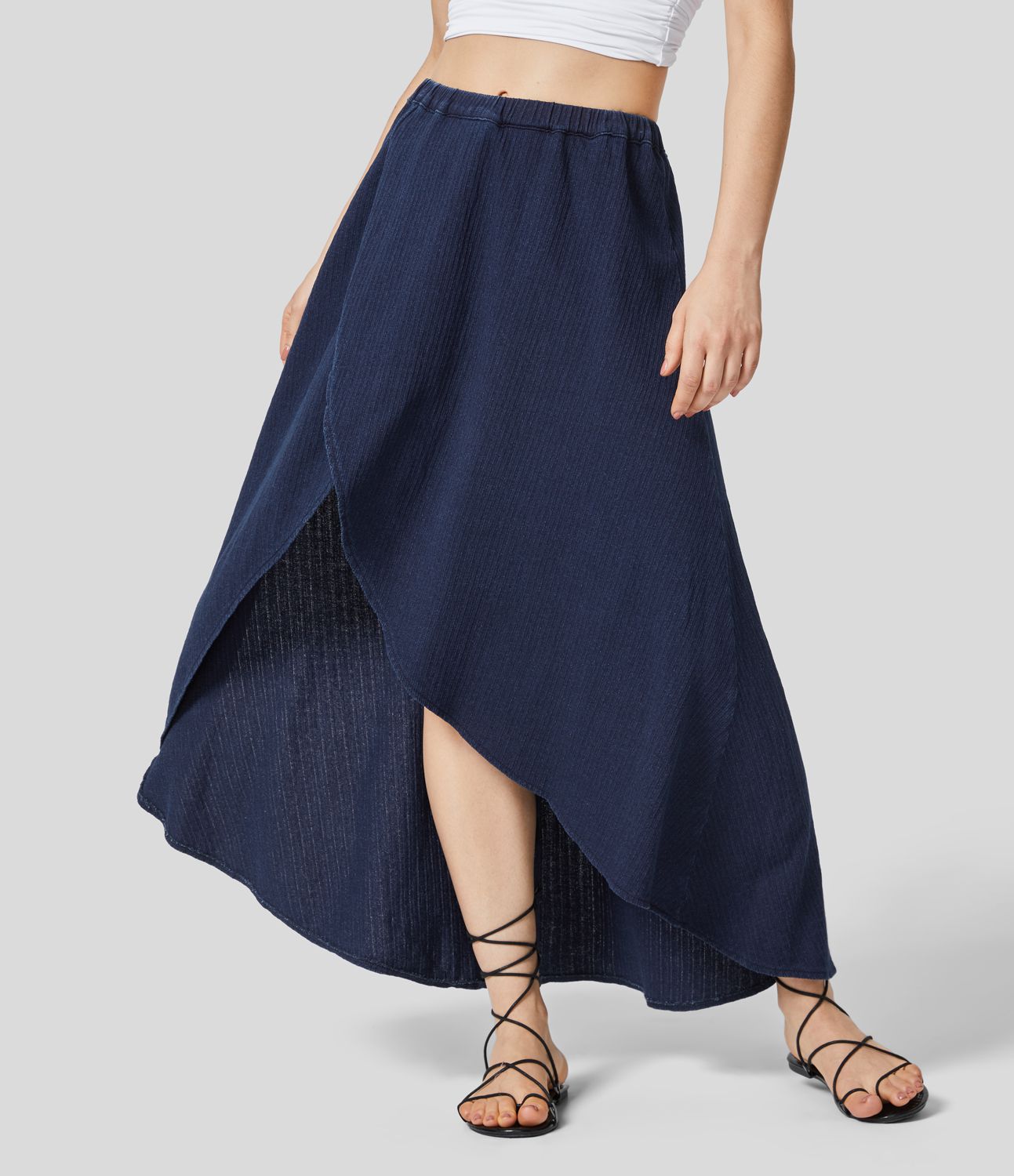 Halara Flex™ Mid Rise High Low Midi Flowy Washed Stretchy Knit Denim Casual Skirt