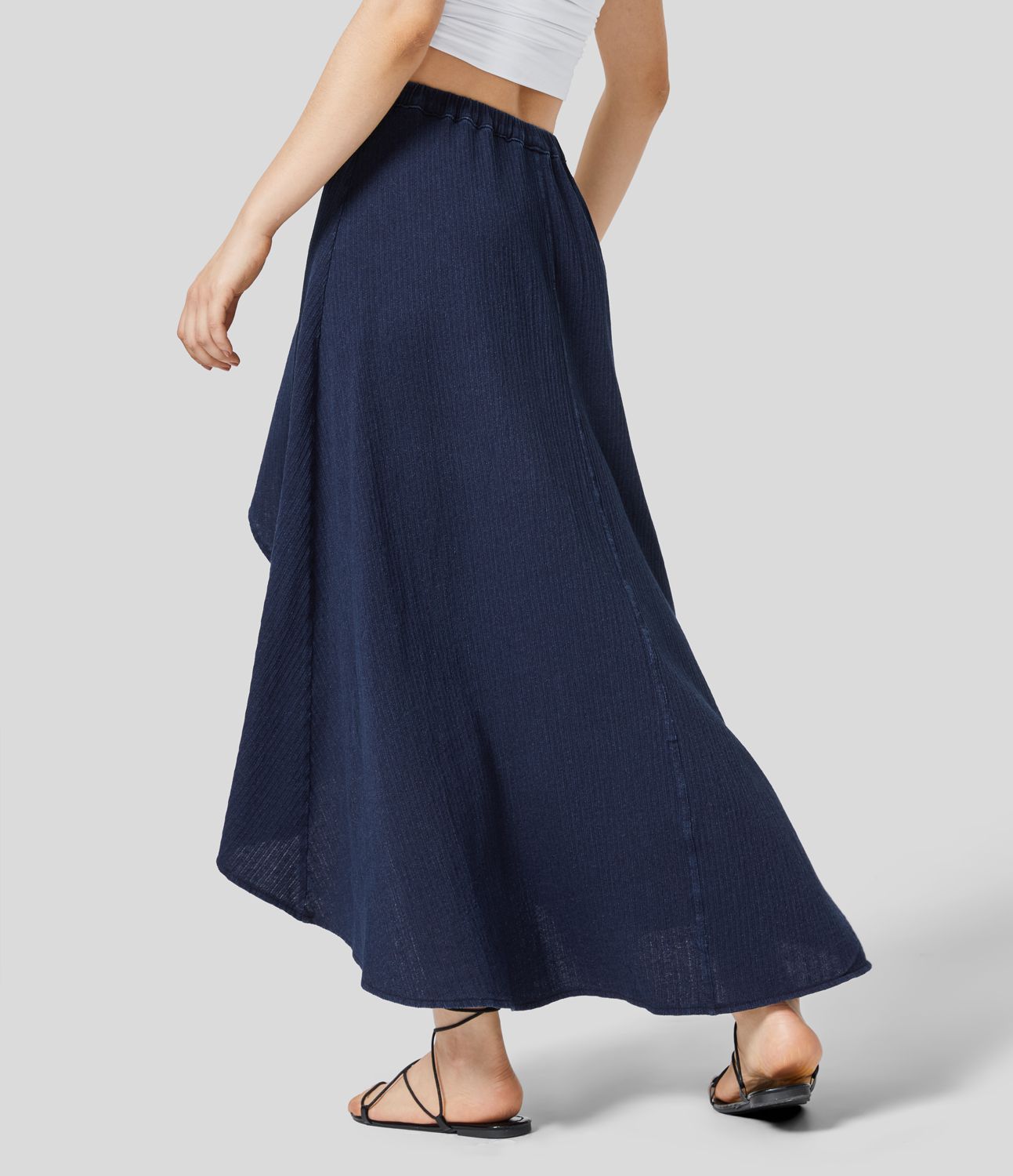 Halara Flex™ Mid Rise High Low Midi Flowy Washed Stretchy Knit Denim Casual Skirt