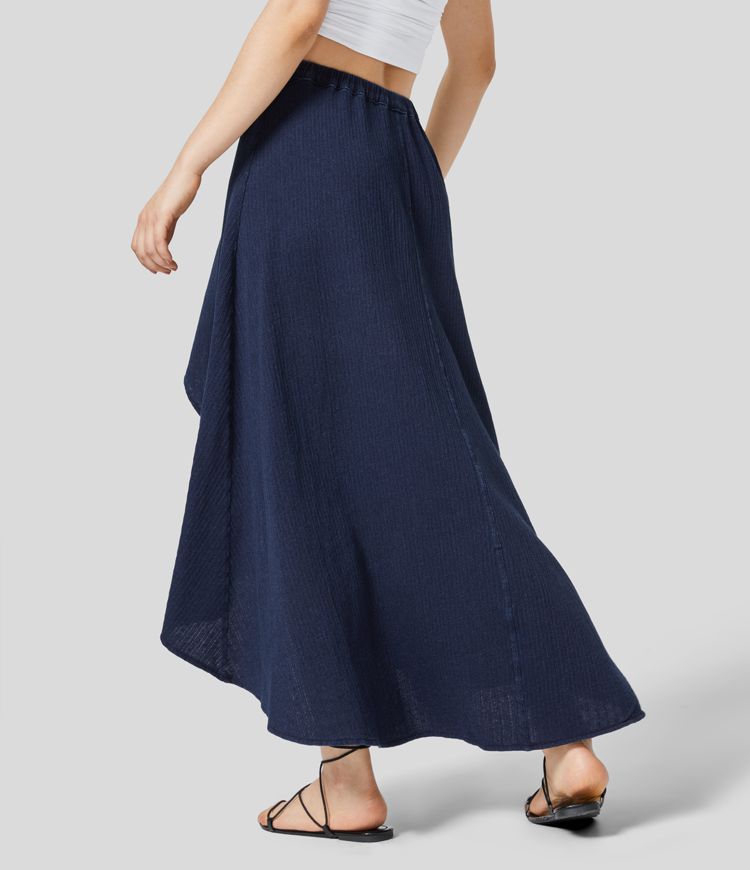 Halara Flex™ Mid Rise High Low Midi Flowy Washed Stretchy Knit Denim Casual Skirt